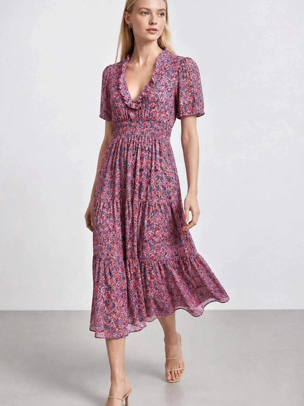 Simply Southern AOP Seahorses Midi Dress in Pink & Blue Size Large Boho Ruffled
